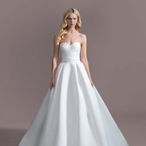 Allison Webb Eden Wedding Dress - Snow blended faille ballgown with box pleats, French lace corset bodice, sweetheart neckline, bow and chapel train.