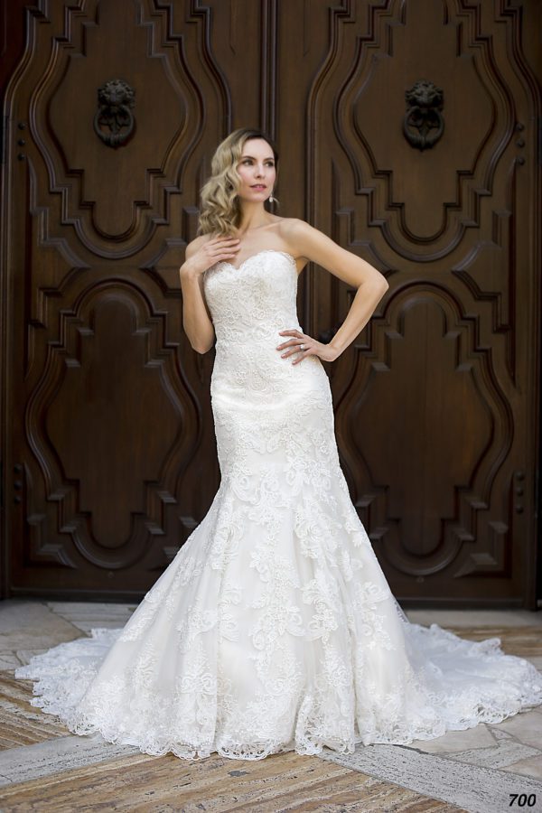 Estee Couture EC700 Wedding Dress - Fit and flare beaded lace gown with sweetheart neckline, floral beading appliqué and train.