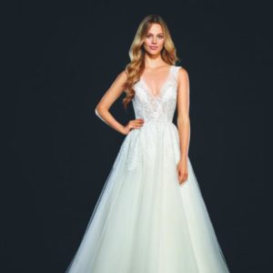 Hayley Paige Winnie 6713 Wedding Dress - A Line style dress with Illusion V-Neckline, Low open Back and delicate tulle throughout.