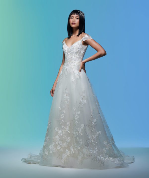 azaro Margaret 32002 Wedding Dress - Champagne floral embroidered A-line gown, with sweetheart neckline, off the shoulder cap sleeve, dropped waist.
