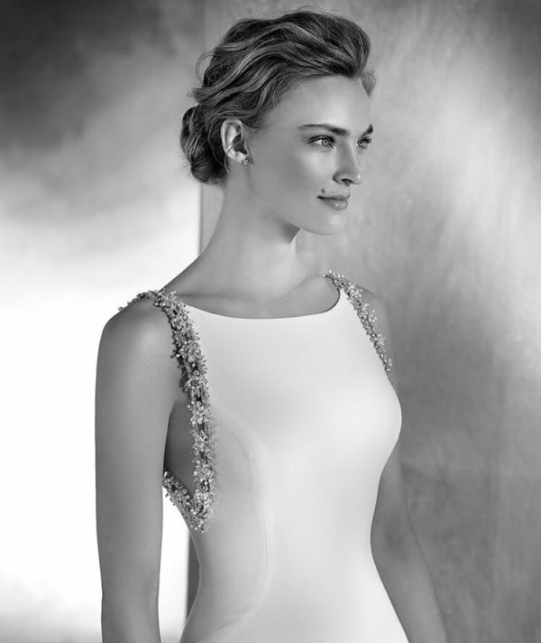 Pronovias Nelly Wedding Dress Sample Sale - Mermaid dress in crepe with delicate drop waist & bateau neckline, low v-back, beaded details and train.