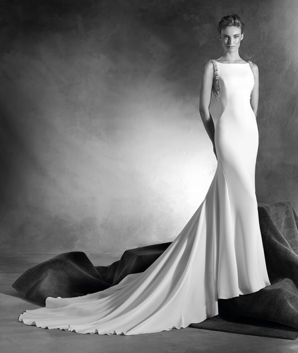 Pronovias Nelly Wedding Dress Sample Sale - Mermaid dress in crepe with delicate drop waist & bateau neckline, low v-back, beaded details and train.