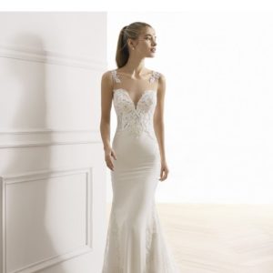 Rosa Clara Couture Edeline Wedding Dress - Gorgeous fit and flare dress with a deep sweetheart neckline, sheer illusion neck and elegant lace godet.
