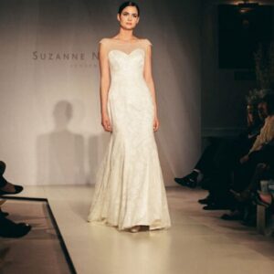 Suzanne Neville Berkeley Wedding Dress Sample Sale - Satin dress with beaded tulle overlay in gorgeous fit and flare silhouette with sweetheart neckline.