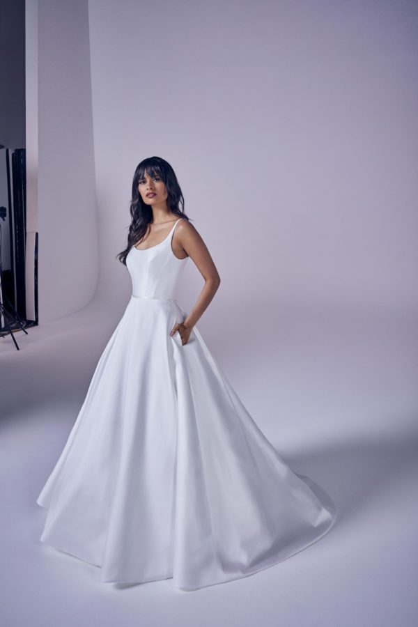 Suzanne Neville Eternity Wedding Dress - Ball gown with soft scoop neckline, straps, structured bodice in the most beautiful mikado sheen fabric.