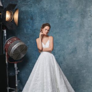 Sareh Nouri Margot Wedding Dress Sample Sale - Ballgown with laser cut floral appliqué, sequin underlay, V-neck with spaghetti straps and a classic cathedral train.