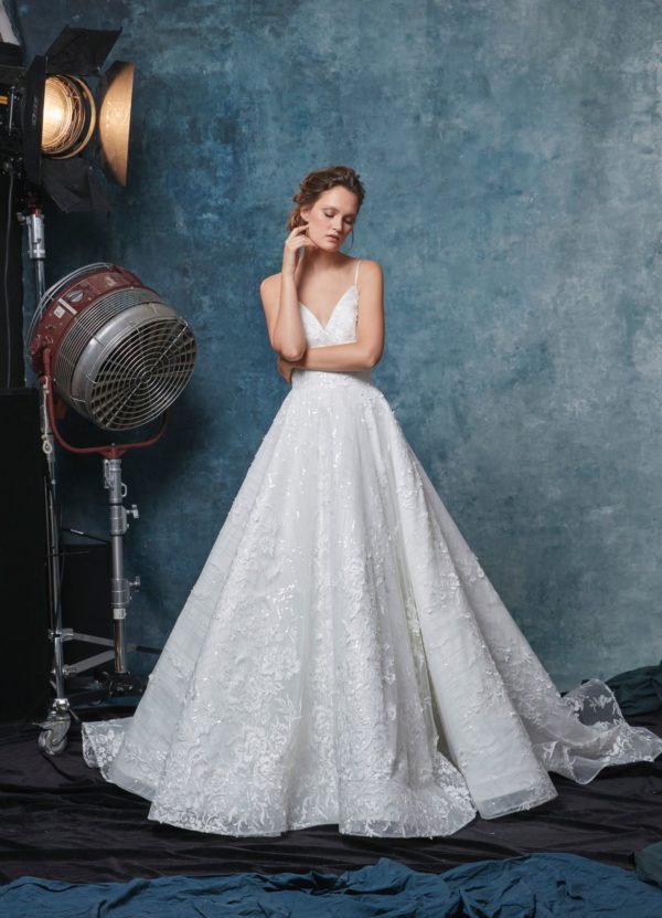 Sareh Nouri Margot Wedding Dress Sample Sale - Ballgown with laser cut floral appliqué, sequin underlay, V-neck with spaghetti straps and a classic cathedral train.