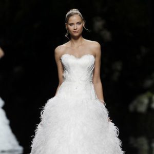 Pronovias Uraba Wedding Dress Sample Sale - Modified A Line with dropped waist, sweetheart neckline, feather details allover dress and long train.