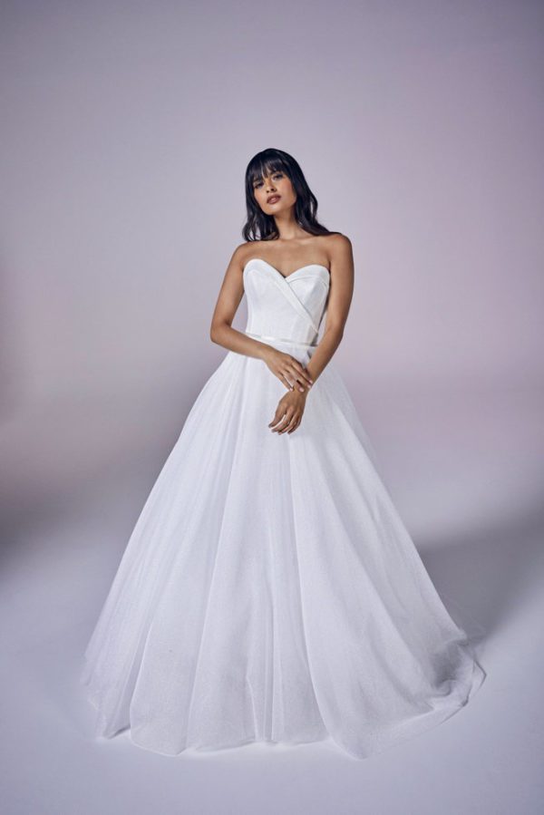 Suzanne Neville Anastasia Wedding Dress - Sparkle tulle/organza ballgown with cross-over sweetheart neckline, fold-over detail and satin waistband.