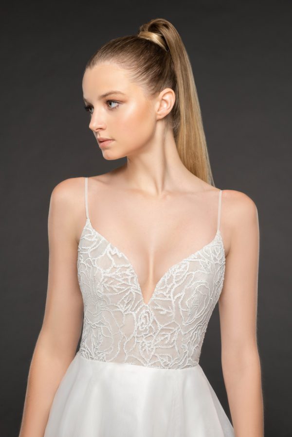 Hayley Paige Perrie 1853 Wedding Dress Sample Sale - A Line Ivory rose dress with deep sweetheart neckline, low open back, delicate floral details and, horsehair-trim.