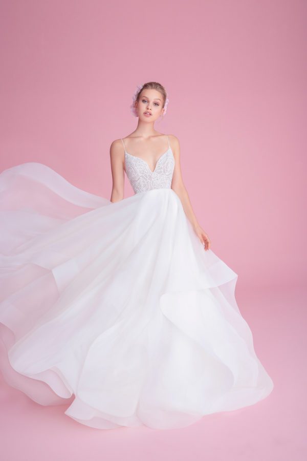 Hayley Paige Perrie 1853 Wedding Dress Sample Sale - A Line Ivory rose dress with deep sweetheart neckline, low open back, delicate floral details and, horsehair-trim.