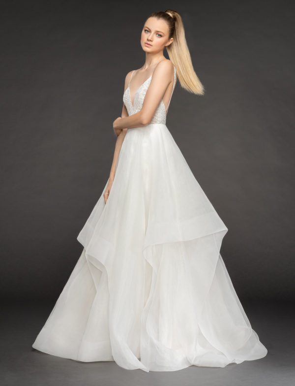 Hayley Paige Perrie 1853 Wedding Dress Sample Sale - A Line Ivory rose dress with deep sweetheart neckline, low open back, delicate floral details and, horsehair-trim.