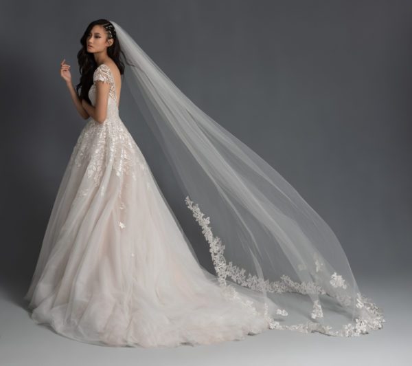 Hayley Paige Brando 6951 Wedding Dress Sample Sale - A-line dress with deep sweetheart neckline, scalloped cap sleeve detail, full skirt and sparkle tulle.