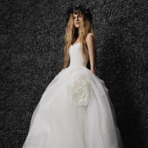 Vera Wang x Pronovias Alizee Wedding dress - Strapless off white crepe and Tulle Organza ballgown with a small v-back, flower belt detail and train.