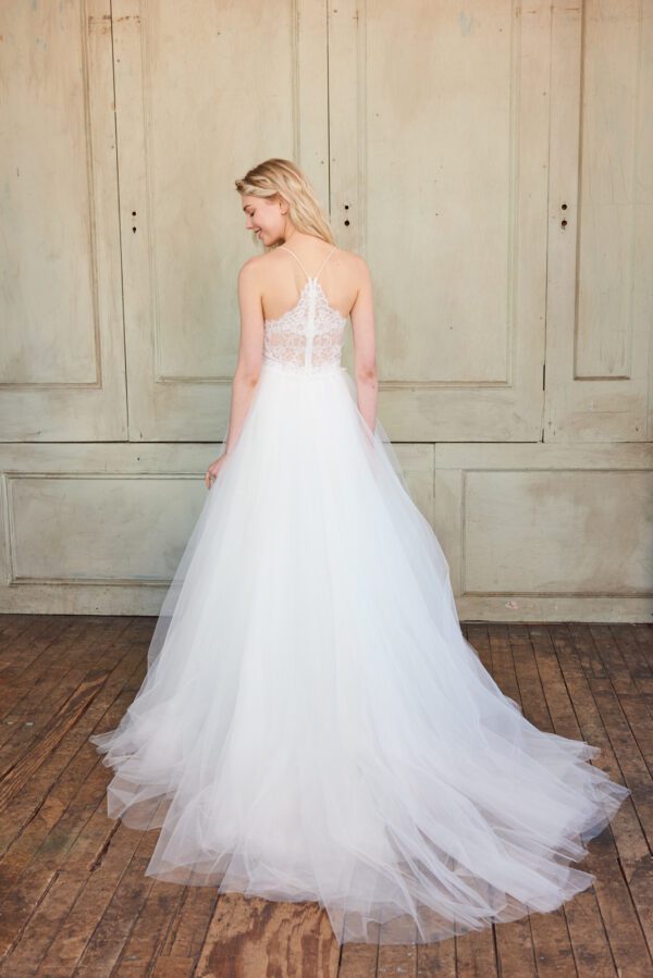 Christos Adelynn T397 Wedding Dress Sample Sale - Chantilly lace and tulle ball gown, with delicate lace scallops, a sweetheart neckline and a sheer racerback.