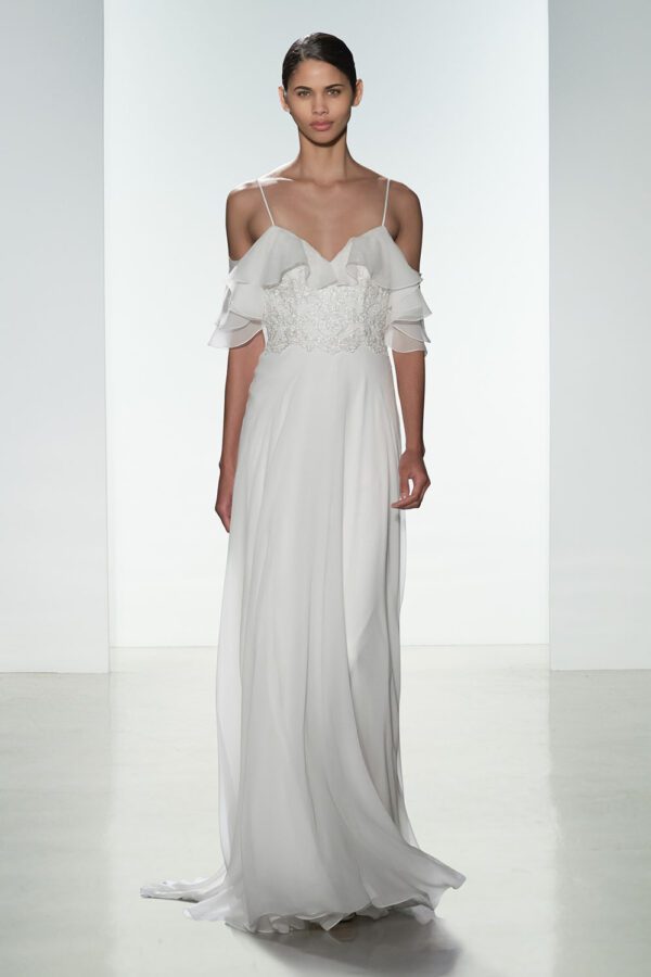 Christos Mabel T359 Wedding Dress Sample Sale - A silk chiffon gown with an off the shoulder ruffle, a stunning beaded lace bodice and a low back.