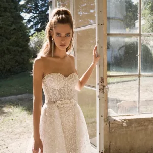 Birenzweig BRC10-14 Wedding Dress - Sheath beaded style dress with floral embroidery, bustier sweetheart neckline with visible boning for a modern look.