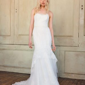 Christos Elana T382 Wedding Dress Sample Sale - Tulle ball gown with a sheer V neck bodice decorated with floral appliques, crystals and thin straps.