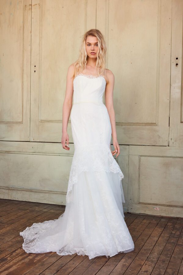 Christos Elana T382 Wedding Dress Sample Sale - Tulle ball gown with a sheer V neck bodice decorated with floral appliques, crystals and thin straps.