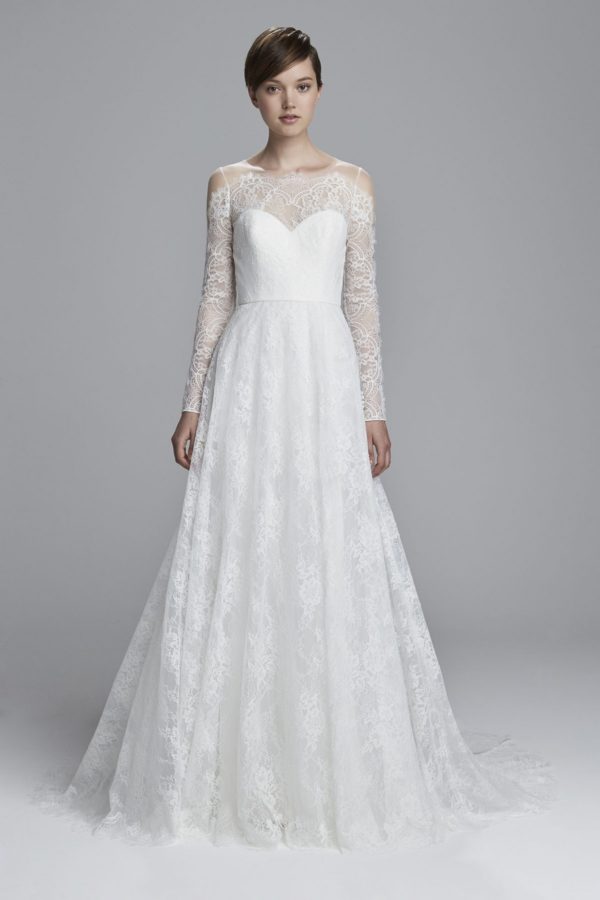 Christos Elana T382 Wedding Dress Sample Sale - Tulle ball gown with a sheer V neck bodice decorated with floral appliques, crystals and thin straps.