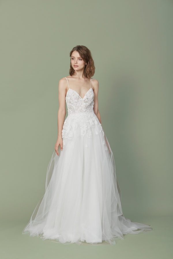 CChristos Elana T382 Wedding Dress Sample Sale - Tulle ball gown with a sheer V neck bodice decorated with floral appliques, crystals and thin straps.