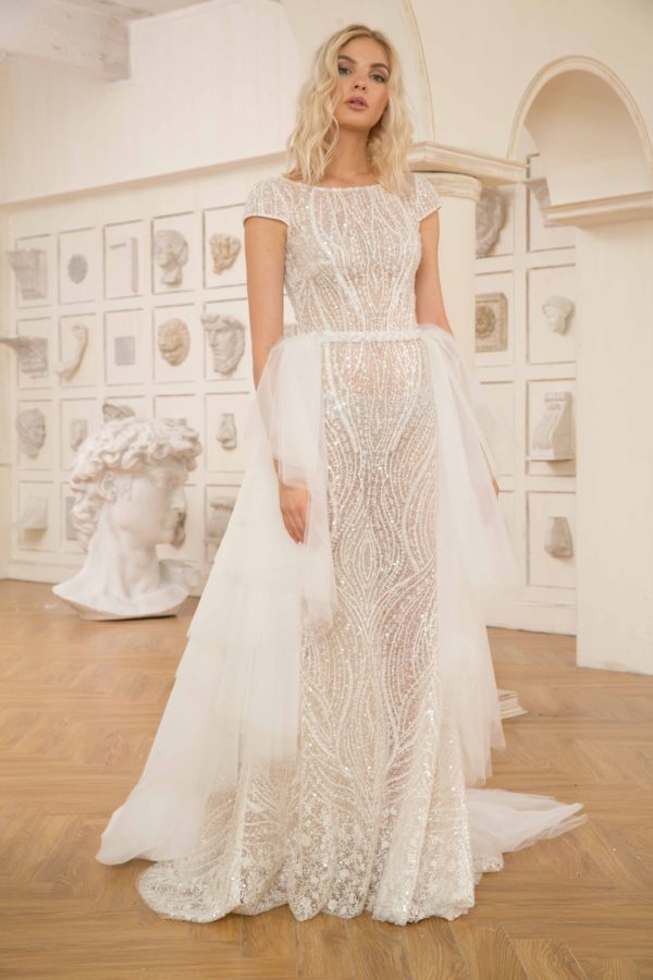 Dany Tabet Nessa Wedding Dress - Delicate sheath, translucent lightly beaded dress with round neckline, deep v back and cap sleeves.