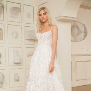 Dany Tabet Valencia Wedding Dress - Delicate lightly floral embroidered a-line dress with slight sweetheart neckline and thin straps.