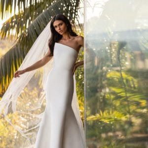 Pronovias Day Wedding Dress - Mermaid gown, tailored in silk mikado with asymmetrical pointed strapless neckline and low back for a modern look.