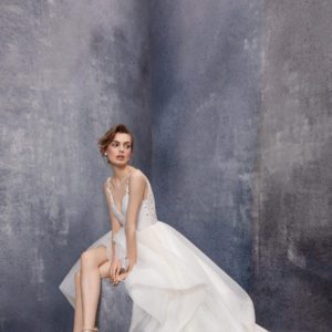 Hayley Paige Dylan 6901 Wedding Dress Sample Sale - Ivory swiss dip-and-dot ball gown, draped V-neckline bodice with floral beaded straps, low scoop back.