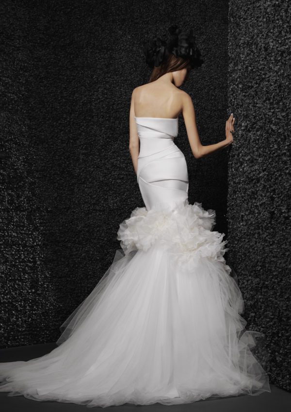 Vera Wang x Pronovias Eliette Wedding Dress - Off White Mikado, Tulle mermaid dress with 3D flowers, fitted bodice and strapless neckline.