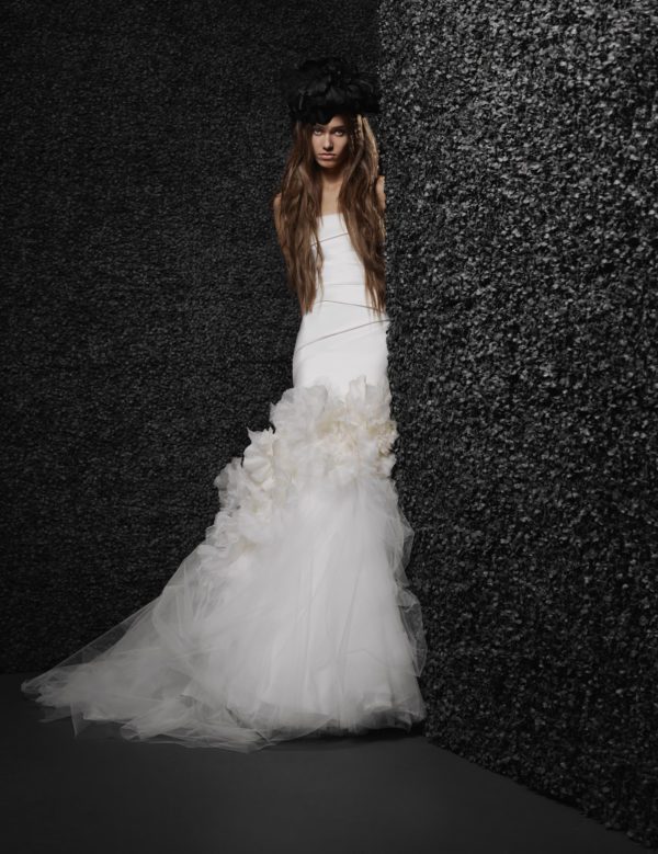 Vera Wang x Pronovias Eliette Wedding Dress - Off White Mikado, Tulle mermaid dress with 3D flowers, fitted bodice and strapless neckline.