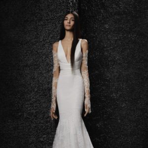 Vera Wang x Pronovias Frania Wedding Dress - Gorgeous Off White Mermaid dress with delicate lace detailing, fitted bodice and deep v-neckline.