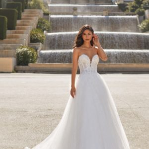Pronovias Gracie Wedding Dress - Ballgown dress with a deep-sweetheart neckline, fitted bodice in Chantilly lace with corset-style and elegant train.