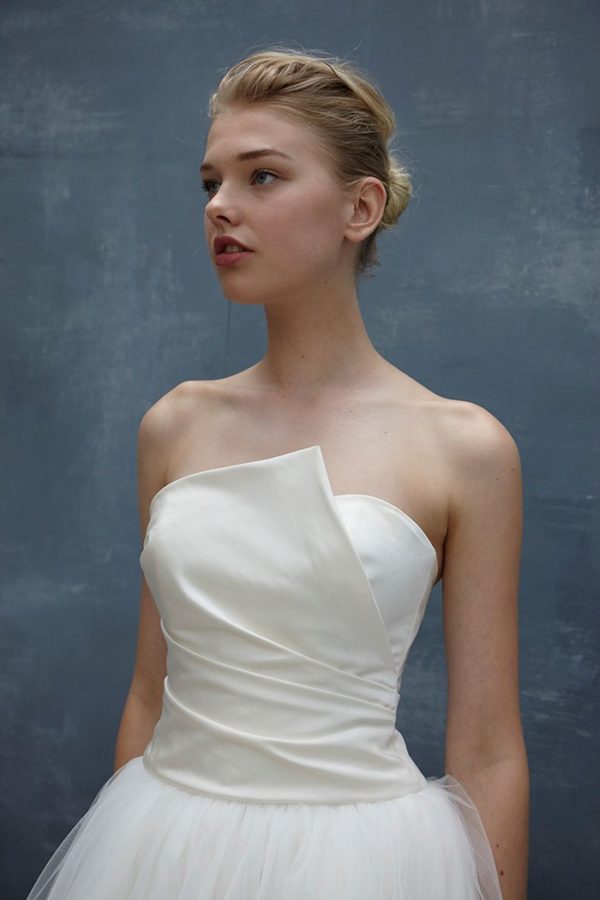 Amsale Aberra Iris Wedding Dress - Classic ballgown with an asymmetrical envelope neckline and drop waist skirt with V- back.