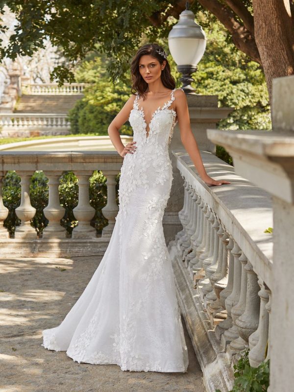 Pronovias Josephine Wedding Dress Sample Sale - Mermaid gown featuring clusters of floral 3D appliqué, deep V neckline and illusion open back.
