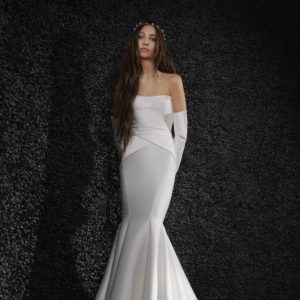 Vera Wang x Pronovias Lucille Wedding Dress - Off White Silk Mikado, mermaid style dress with sweetheart neckline, fitted bodice and pleats on skirt.