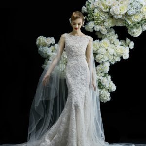 Lusan Mandongus Carnation Wedding Dress Sample Sale - Beautiful fit to flare style dress with high neckline, cap-sleeves in 3D floral and delicate fine veil.