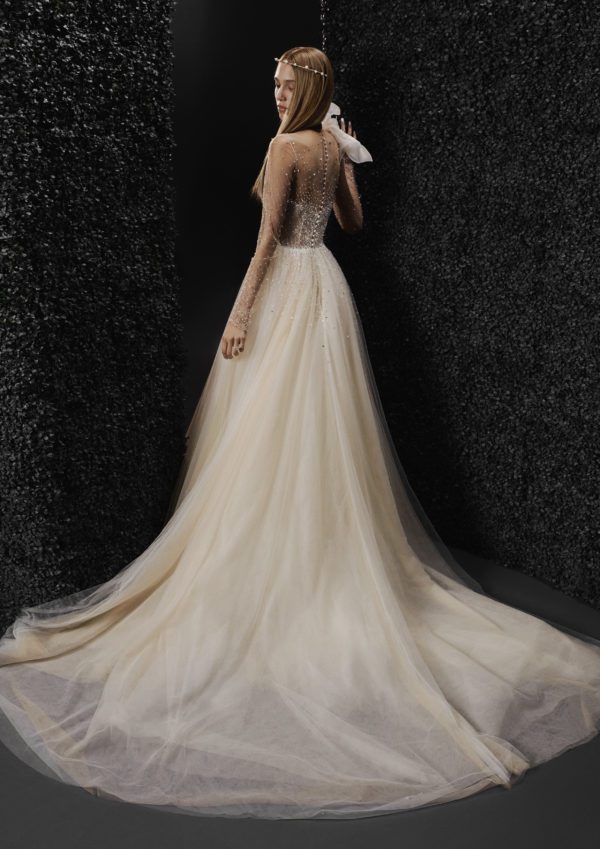 Vera Wang x Pronovias Marion Wedding Dress - Nude soft Tulle and beaded A-line dress featuring an embellished long sleeve and illusion neckline.