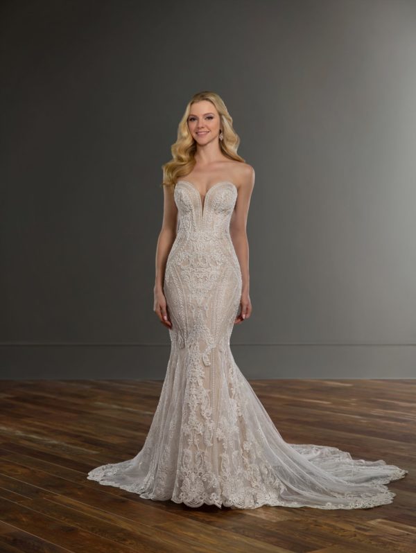 Martina Liana 1060 Wedding Dress - Fit and flare dress with illusion bodice with a pattern detail, plunging sweetheart neckline and scalloped train.