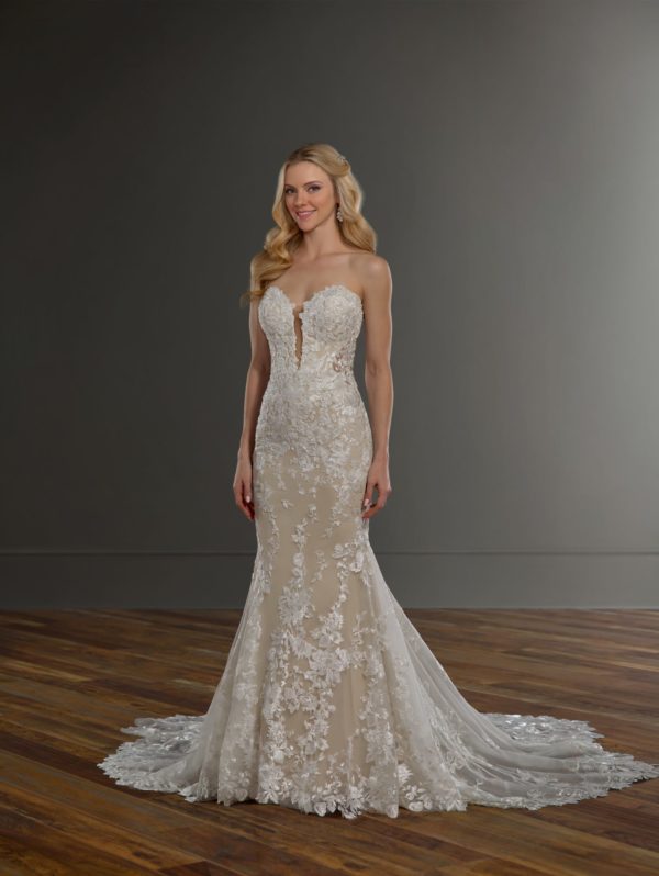 Martina Liana 1103 Wedding Dress - Fit and flare sexy floral dress with illusion bodice, sweetheart with deep plunging neckline and scalloped train.