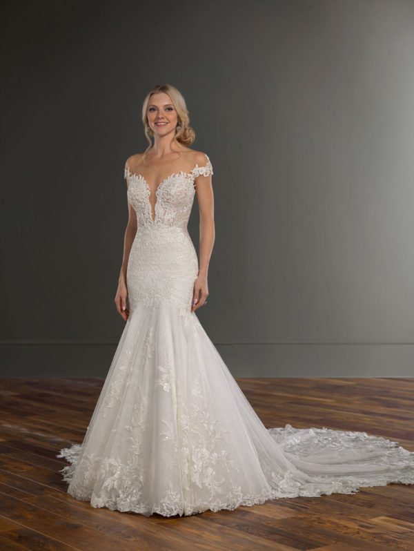 Martina Liana 1104 Wedding Dress - Fit and flare style dress with off-shoulder neckline, open back detail, Illusion tulle, fitted bodice and train.