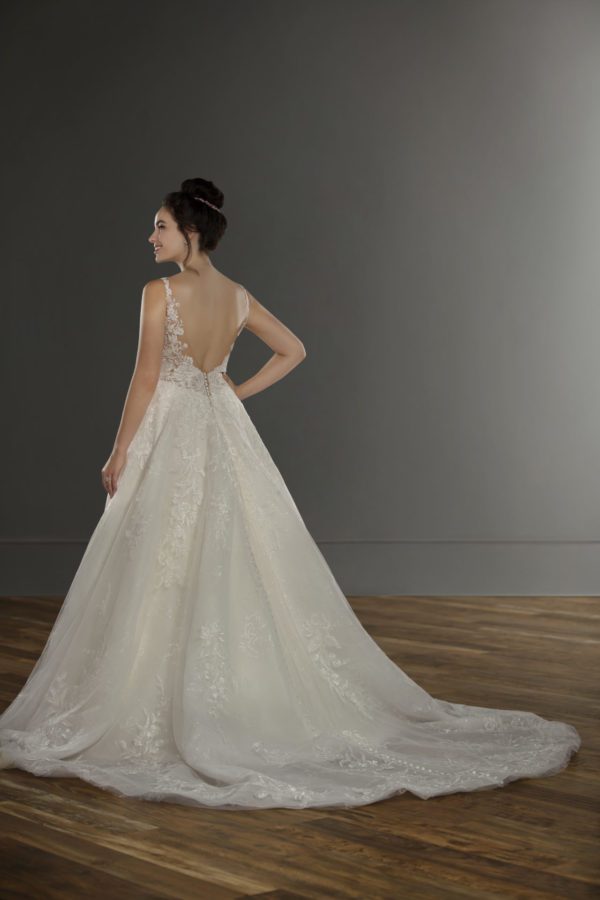 Martina Liana 1164 Wedding Dress Sample Sale - Ball gown with florals throughout, deep v neckline, thin straps, open back and a delicate shimmer effect.