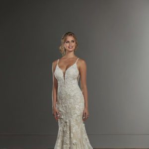 Martina Liana 1173 Wedding Dress - Fit and flare style dress featuring French-lace, delicate 3D floral embroidery, a deep V neckline with thin straps.