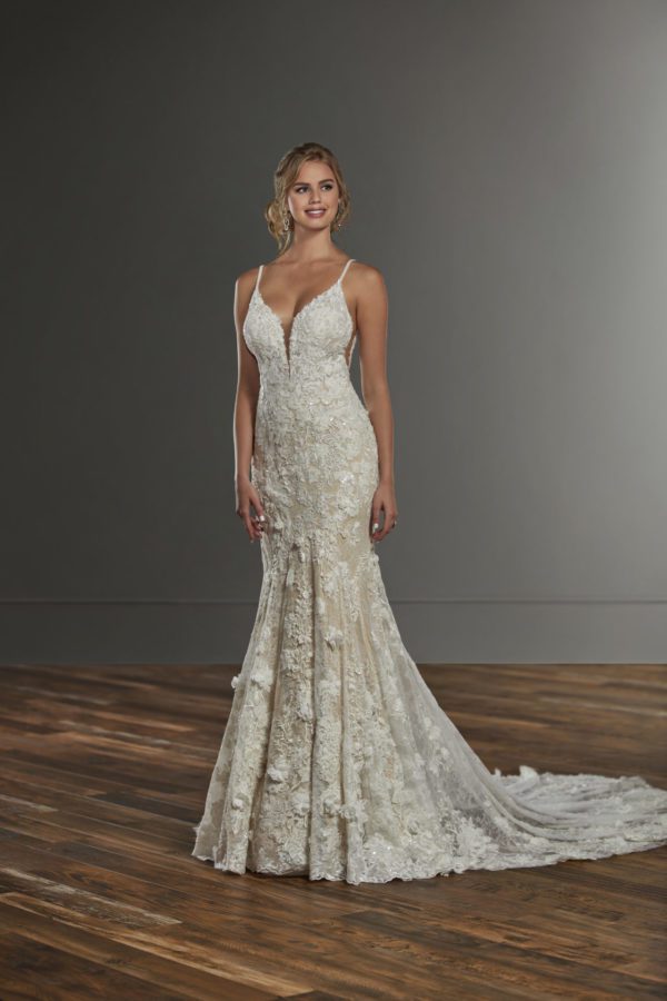 Martina Liana 1173 Wedding Dress - Fit and flare style dress featuring French-lace, delicate 3D floral embroidery, a deep V neckline with thin straps.
