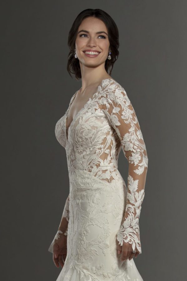 Martina Liana 1180 Wedding Dress Sample Sale - Fit and flare cotton-style lace dress with deep V- neckline, stunning illusion long sleeves and open back.