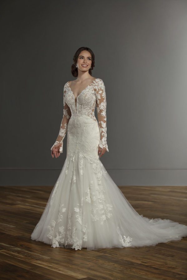 Martina Liana 1180 Wedding Dress Sample Sale - Fit and flare cotton-style lace dress with deep V- neckline, stunning illusion long sleeves and open back.