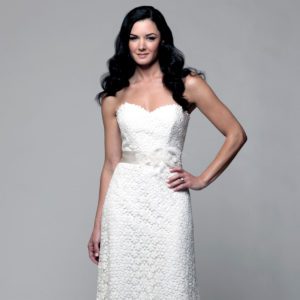 dern Trousseau Cassidy Wedding Dress Sample Sale - Modified A line style dress with sweetheart neckline, a stunning floral lace detailing and a delicate satin belt.