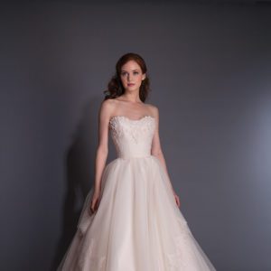 Modern Trousseau Eveline Wedding Dress Sample Sale - Ballgown strapless style dress featuring beaded, corset bodice with skirt of French tulle and Italian silk.