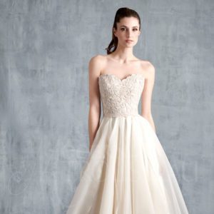 Modern Trousseau Fawn Wedding Dress Sample Sale - Ballgown style dress with silk voile panels, a strapless bodice in lace with coordinating lace head band.