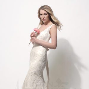 Modern Trousseau Kendall Wedding Dress Sample Sale - Fit and flare blush style dress that features sheer, lace straps and a deep V-back sweep train.